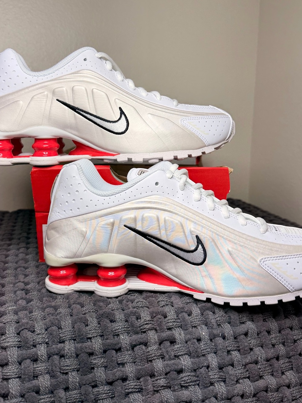 Nike White Iridescent Running Shoes with Black Swoosh and Red Shox